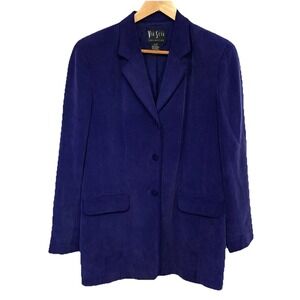 Via Seta Purple Silk Jacket Blazer 3 Button Sz 12 Longer Length Pockets Classic